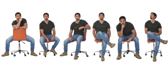 group of  same man sitting of front in various poses on white background