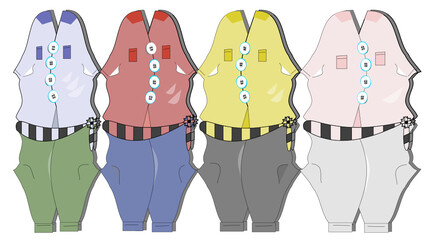 Women's model set with blouse with two pockets and large buttons, trousers, belt with brooch in different sizes and colours yellow, red, maroon, pink, pink, blue and grey. 
