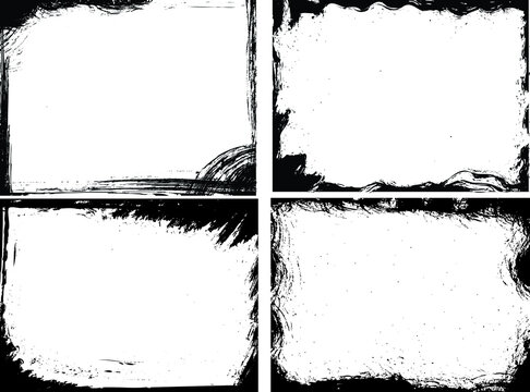 Four rectangle grunge photo frames. Damaged vector border for aged effect.