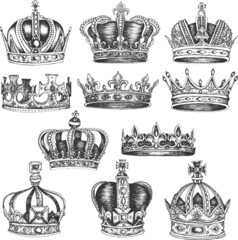 Hand drawn doodle crown vector set. Medieval crowns with cross or diadem on the top. - obrazy, fototapety, plakaty
