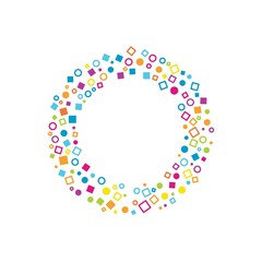 Colorful geometric circles, squares shapes consisting of spherical geometric particles frame - wreath or logo on the white background. Vector illustration.