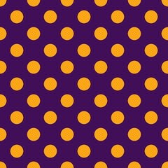 Orange polka dots, seamless pattern on purple background. Vector illustration. Happy Halloween.