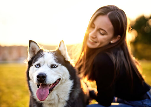Siberian husky sitting in grass outdoors with th owner girl together - Human and dog friendship and loyalty concept outside on a countryside field