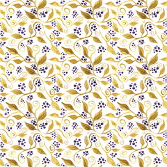 Watercolor vegetable seamless pattern with leaves, branches and berries. Green and purple on a white background. Floral oriental ornament for home textiles.
