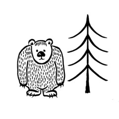 Funny lonely grizzly in the spruce forest. A black-and-white hand-drawn illustration in doodle style. Ready-to-use T-shirt print. Isolated on a white background. Brown bear cartoon character.