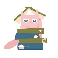 Pink cat with cookbooks. Funny character in doodle flat style