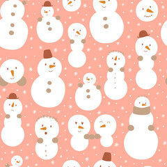 Pink Snowman. Cute pink Christmas snowman seamless patterm. Childish funny snowman with smiling faces. Happy New Year pastel background. Winter holidays pinkish textile design. Vector illustration.