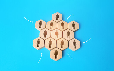 People gather in a group and form a topology snowflake shape. Self-organization and autonomy of...