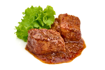 Pork stew, goulash with sauce, isolated on white background.