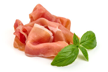 Italian prosciutto, jerked meat slices, isolated on white background.