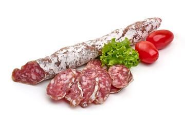 Jerked Fuet sausage, isolated on white background. High resolution image.