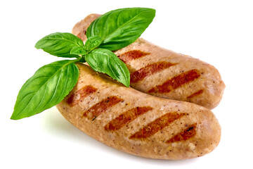 Grilled Bavarian sausages, isolated on white background.