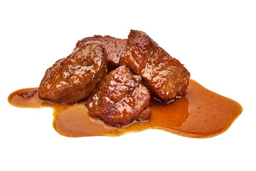 Meat stew, goulash with sauce, isolated on white background.