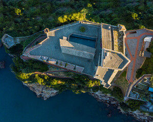 Aerial view of old castle fortification in Europe