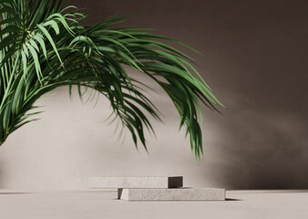 3D background with stone podium display. Nature rock pedestal with tropical palm leaf and shadow on beige background. Cosmetic, beauty product promotion stand with plant. Studio 3D render illustration