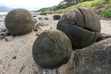 Koutu Boulders beach with perfect ball shape in New Zealand