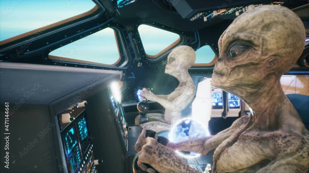 Poster alien invaders rush through deep unexplored space in their sci-fi spaceship. the concept of spacefli
