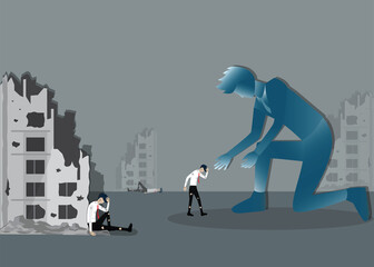 Flat of business survival,The big blue man try to help the help the exhausted bussinessman - vector