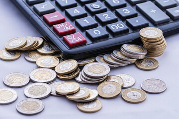 Coins and calculator on an isolated white background. Money.