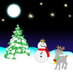  New Year 2022 New Year's landscape Christmas tree Snowman Moon Stars Holiday