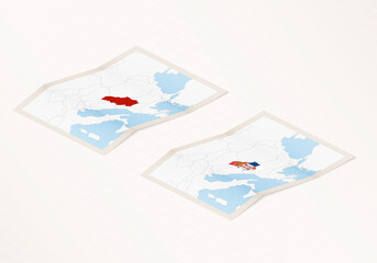 Two versions of a folded map of Serbia with the flag of the country of Serbia and with the red color highlighted.
