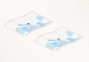 Fototapeta na wymiar Two versions of a folded map of Montenegro with the flag of the country of Montenegro and with the red color highlighted.