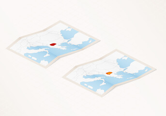 Two versions of a folded map of Macedonia with the flag of the country of Macedonia and with the red color highlighted.