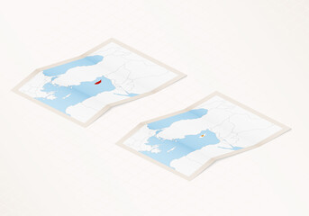Two versions of a folded map of Cyprus with the flag of the country of Cyprus and with the red color highlighted.