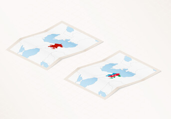 Two versions of a folded map of Azerbaijan with the flag of the country of Azerbaijan and with the red color highlighted.