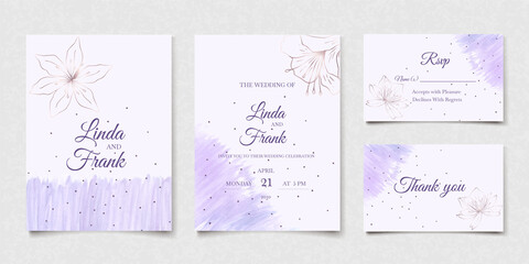 Fototapeta premium Purple watercolor wedding card set with gold lily in abstract style. Floral watercolor purple wedding invitation on white background. Vector design art