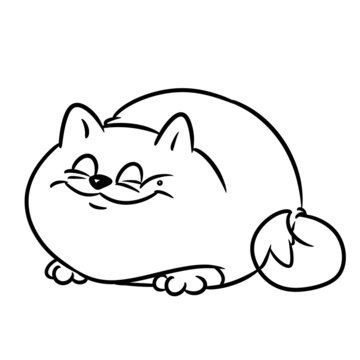 Fat contented cat lies smile illustration cartoon contour