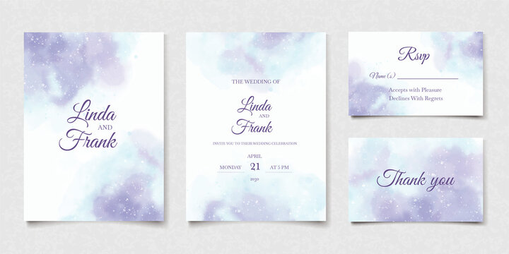 Watercolor wedding card blue cloud in abstract style. Modern watercolor purple wedding invitation on white background. Vector design art. Elegant splash texture set
