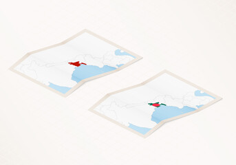 Two versions of a folded map of Bangladesh with the flag of the country of Bangladesh and with the red color highlighted.