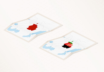 Two versions of a folded map of Afghanistan with the flag of the country of Afghanistan and with the red color highlighted.