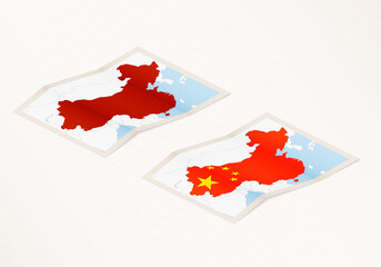 Two versions of a folded map of China with the flag of the country of China and with the red color highlighted.