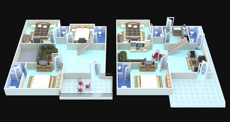 Naklejka premium A 3d, colorful illustration of two modern floor plans with furniture on a black background