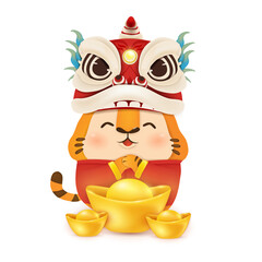 Happy Chinese New year of the tiger. Zodiac symbol of the year 2022. Cute cartoon tiger character design greeting for card, flyers, invitation, posters, brochure, banners. Translate: Happy new year.