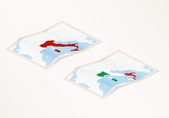 Two versions of a folded map of Italy with the flag of the country of Italy and with the red color highlighted.