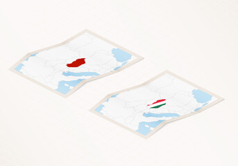 Two versions of a folded map of Hungary with the flag of the country of Hungary and with the red color highlighted.