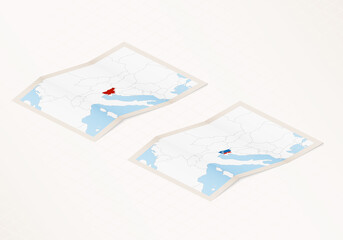 Fototapeta na wymiar Two versions of a folded map of Slovenia with the flag of the country of Slovenia and with the red color highlighted.