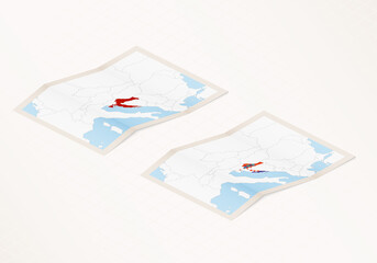 Two versions of a folded map of Croatia with the flag of the country of Croatia and with the red color highlighted.
