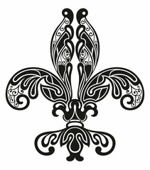 Black heraldic sign, logo, design element, decoration. Graphic vector pattern. Royal lily