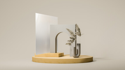 Dry plants with arc on the round podium. Natural showcase. Minimal design. 3d rendering.