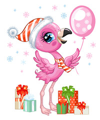 Cute Christmas flamingo with gifts vector illustration