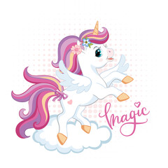Cute cartoon unicorn with wings vector illustration