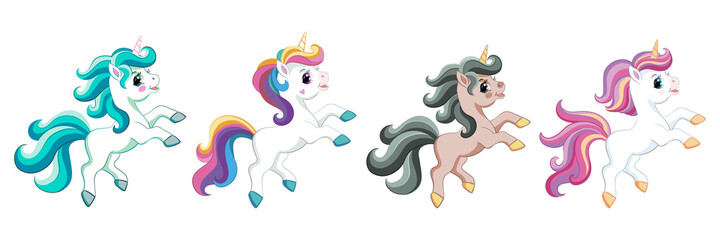 Set of cute cartoon unicorns vector illustration