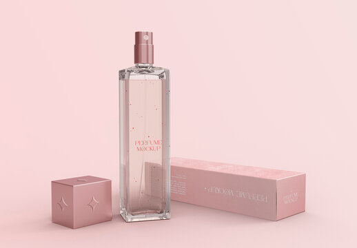 3D Perfume Bottle And Paper Box Mockup