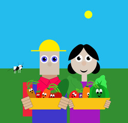 happy farmers with happy vegetables stand in field, cow behind