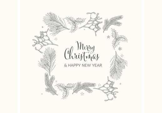 Vector Vintage Hand Drawn Christmas Card with Doodle Frame