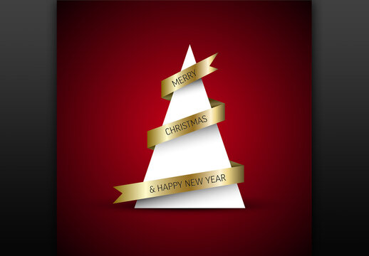 Simple Card with Christmas Tree Made from Paper Triangle and Golden Stripe Ribbon